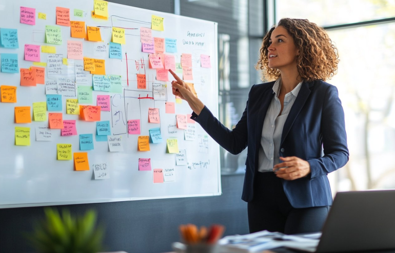 Female professional in navy blazer using a red pen to mark and audit colourful sticky notes on a whiteboard while holding a tablet, actively restructuring a presentation deck in a bright modern office