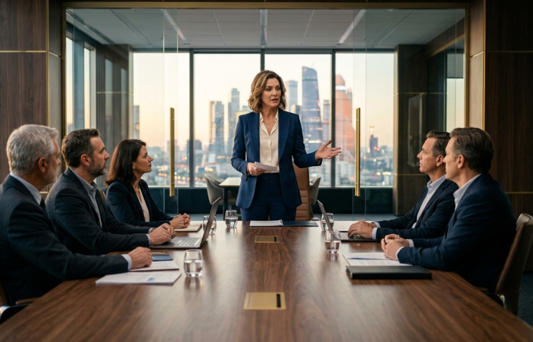 Senior female executive in a navy suit presenting confidently to a small group of seated executives in a glass-walled corporate meeting room, with a soft city skyline visible through floor-to-ceiling windows behind her.