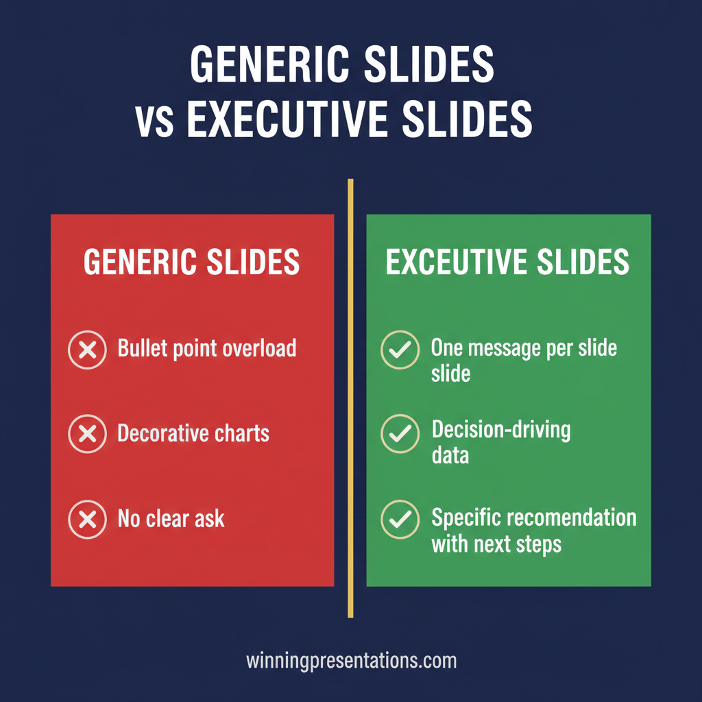 Infographic showing five common boardroom slide mistakes: buried ask, topic headlines, late risk disclosure, too many slides, and generic structure