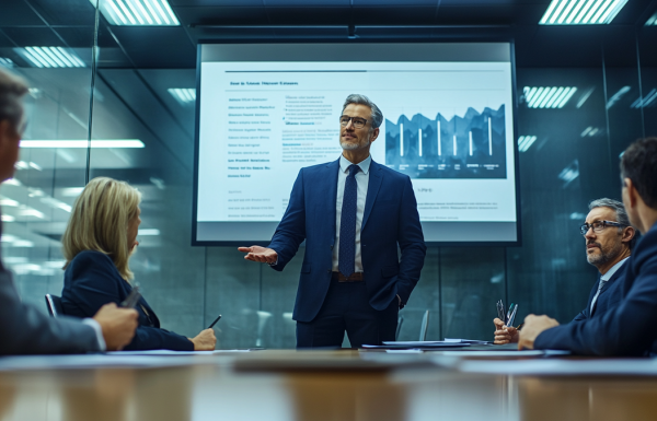 Senior executive delivering high-stakes presentation with confident posture in corporate boardroom