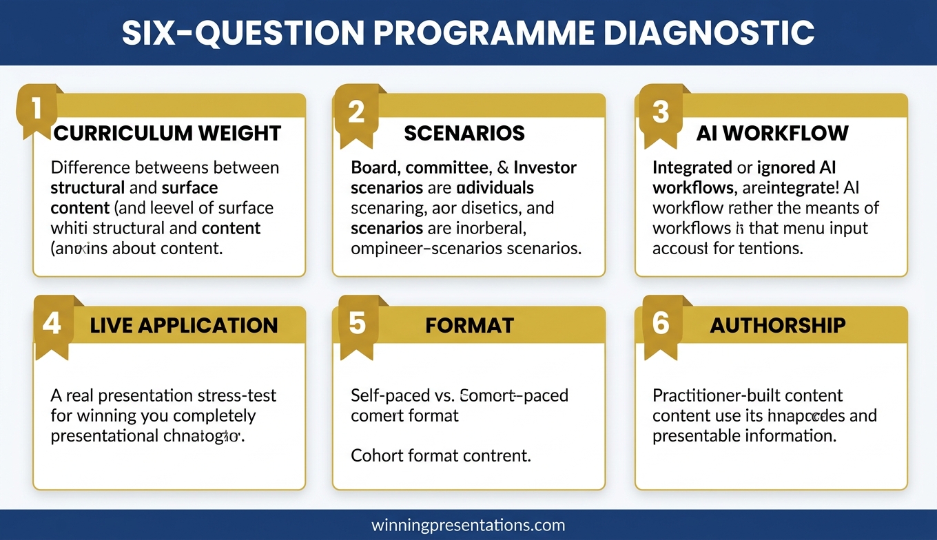 Six-question diagnostic checklist for evaluating an online executive presence training programme covering structural versus surface weighting, scenario calibration, AI integration, live application, format, and practitioner authorship