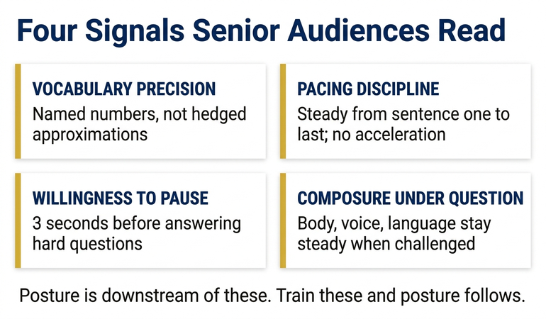 The four signals senior audiences actually read for executive presence infographic showing vocabulary precision (named numbers vs hedged approximations), pacing discipline (steady pace the room can absorb vs rushing to compress), willingness to pause (3 seconds of silence vs filling the gap), and composure under questioning (body voice language stay steady vs visible destabilisation) — with the principle that senior audiences read presence through structural signals not posture.