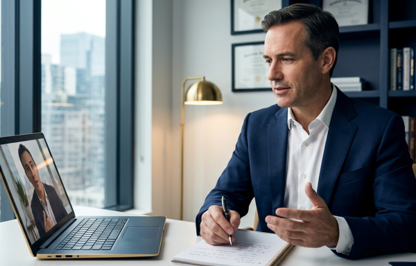 Senior executive in considered conversation with a presentation coach over a laptop screen, navy and gold editorial photography, modern home office with city skyline.