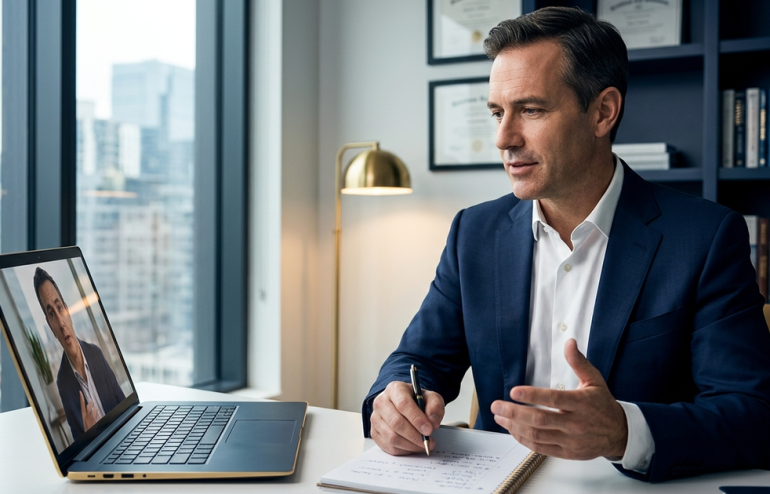 Senior executive in considered conversation with a presentation coach over a laptop screen, navy and gold editorial photography, modern home office with city skyline.