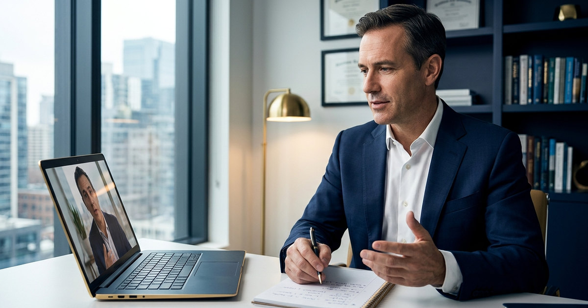 Senior executive in considered conversation with a presentation coach over a laptop screen, navy and gold editorial photography, modern home office with city skyline