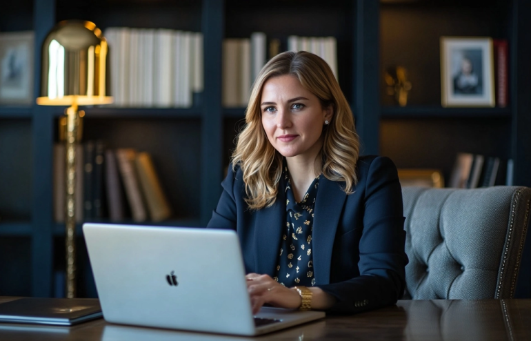 Senior female director in online coaching session, laptop open on video call, composed expression, home office with navy bookshelf