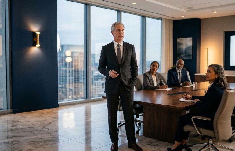 A senior professional standing calm and composed at the front of a corporate boardroom, mid-presentation, with attentive executives seated around a navy boardroom table — editorial photography, navy and gold tones, executive-clean