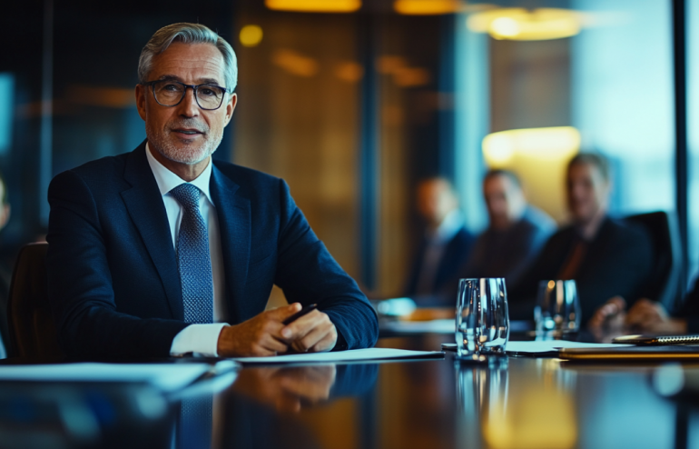 Senior executive presenting confidently to a boardroom of stakeholders