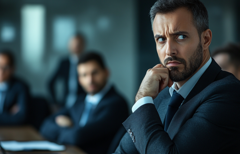 Executive in boardroom looking concerned after realizing he said the wrong thing, colleagues visible in background