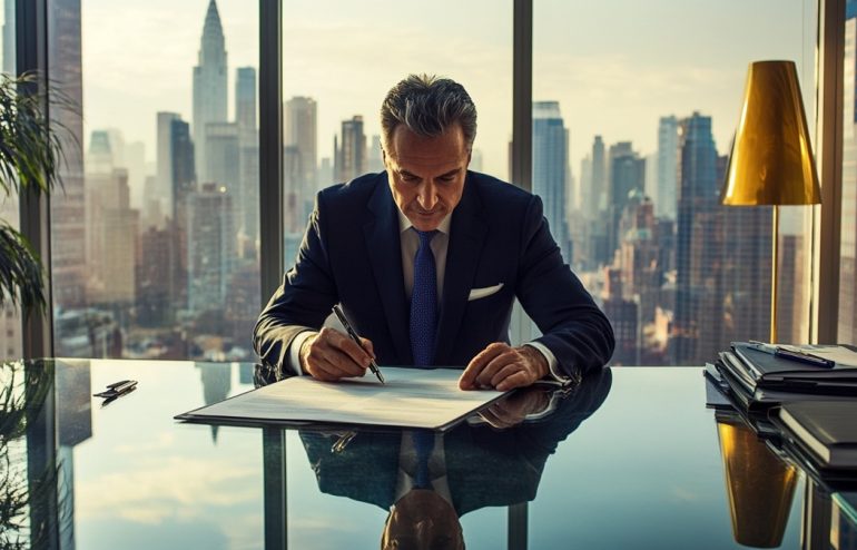 Male executive reviewing a structured presentation outline at a glass desk, city skyline behind him