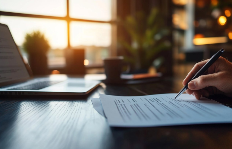 Close-up of an executive reviewing a two-page pre-read document with pen annotations on a dark wood desk, laptop and coffee cup in warm golden light