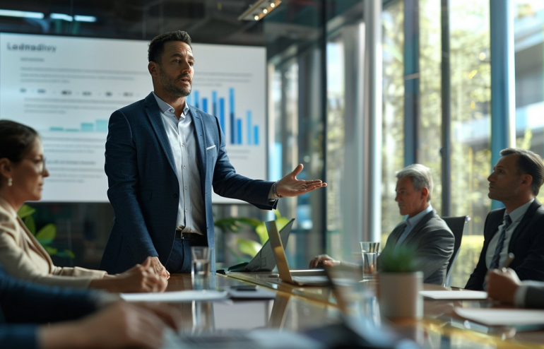 Executive facing boardroom questions after presentation with confident composed posture