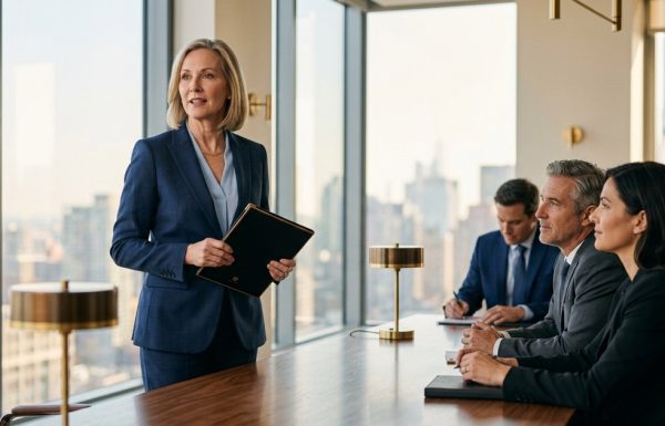 A senior professional woman in a navy tailored suit stands at the head of a polished wooden boardroom table, holding a slim folder mid-presentation, while three executives lean forward in attentive engagement around the table.
