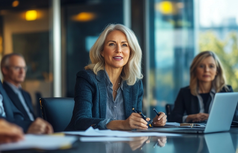 Senior professional woman presenting to a board committee in a corporate boardroom, authoritative and composed, navy and gold tones