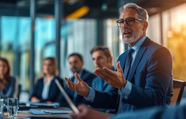 Senior executive speaking with authority at a corporate boardroom presentation