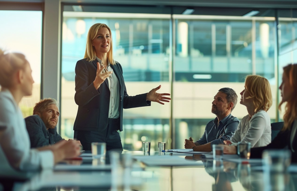 Executive woman standing and gesturing confidently while answering questions from colleagues seated around a boardroom table, demonstrating composed Q&A handling during a high-stakes presentation