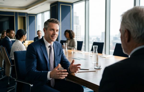 Male executive responding calmly to a senior objection during Q&A