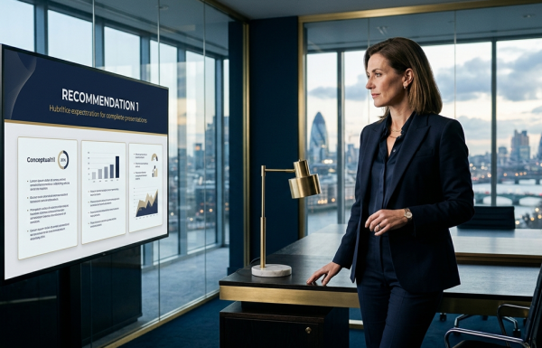 Businesswoman in a navy suit stands beside a large screen titled 'RECOMMENDATION 1,' presenting charts in a glass-walled office with a city skyline outside.