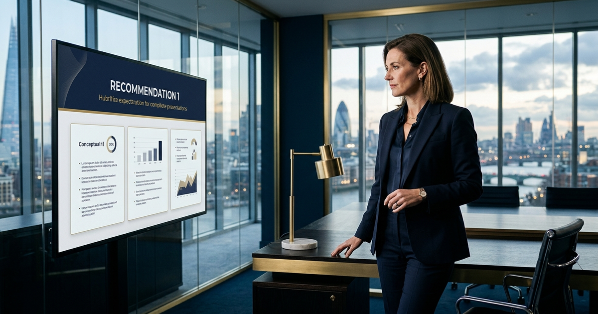 Senior UK executive reviewing a board-ready slide deck on a large monitor in a glass-walled boardroom, navy and gold editorial photography