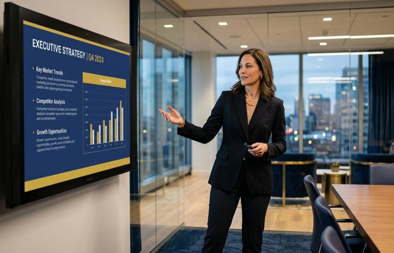 Executive professional presenting a structured navy and gold strategy slide in a modern glass-walled boardroom, demonstrating executive slide design in a corporate setting