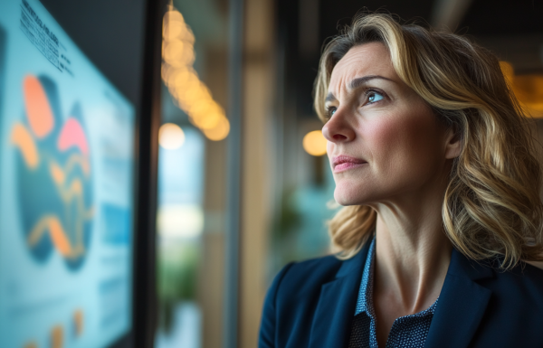 Professional woman evaluating her presentation slides and realizing what they signal about her competence to executives