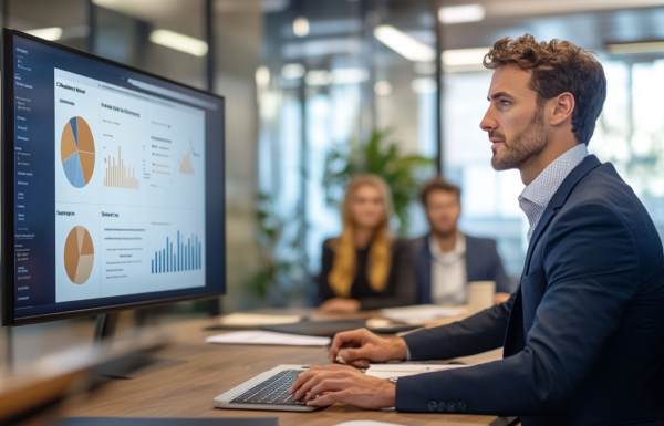 Executive reviewing polished presentation slides in a boardroom