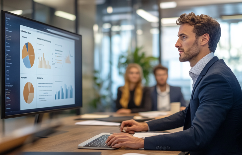 Executive reviewing polished presentation slides in a boardroom