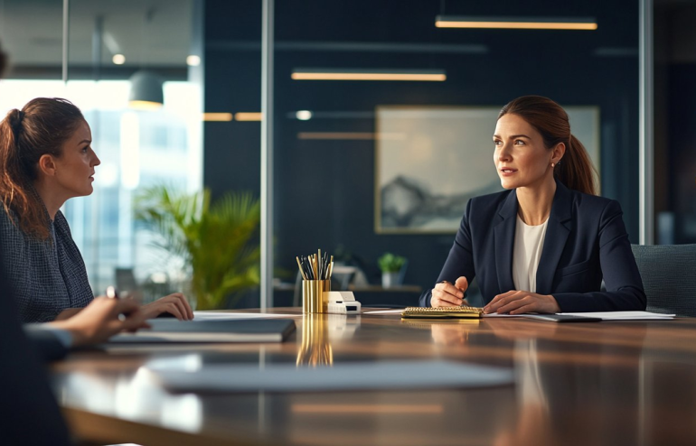 Two businesswomen sit at a polished conference table in a modern office, one speaking and gesturing.