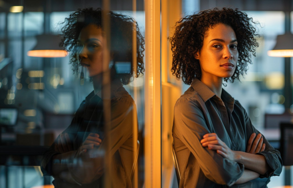 Professional woman standing by glass wall in corporate office with reflection visible, warm golden lighting, representing the gap between how you see yourself and how the room perceives your exit presentation Q&A answers