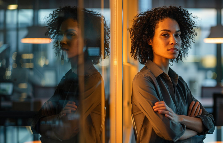 Professional woman standing by glass wall in corporate office with reflection visible, warm golden lighting, representing the gap between how you see yourself and how the room perceives your exit presentation Q&A answers