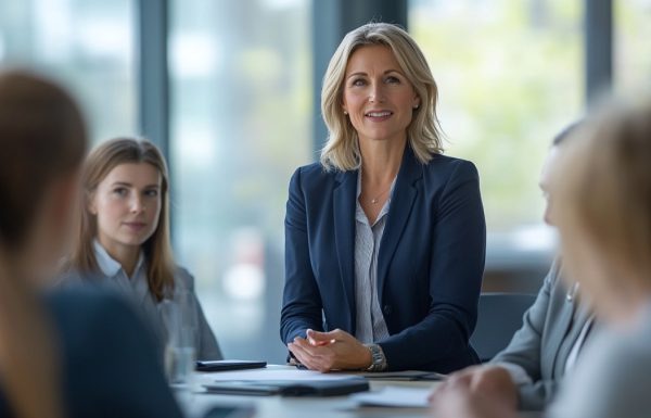 Professional speaking confidently to an executive audience — visible calm, open posture, boardroom setting, editorial photography style