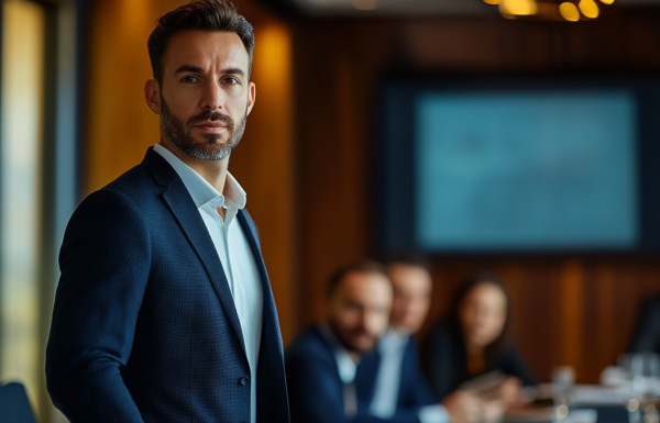 Executive presenter making deliberate eye contact with a board member during a high-stakes presentation, confident posture, engaged audience