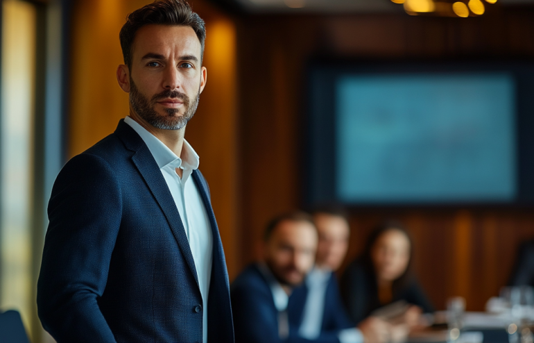 Executive presenter making deliberate eye contact with a board member during a high-stakes presentation, confident posture, engaged audience