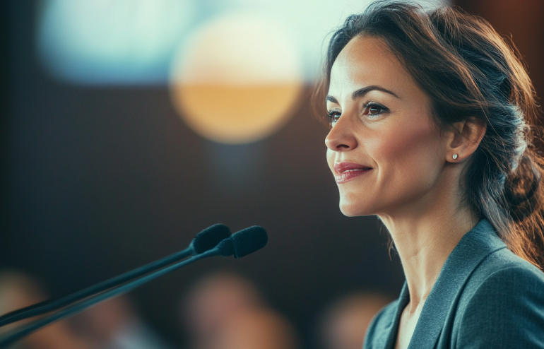 Professional woman speaking with slightly flushed cheeks during a presentation