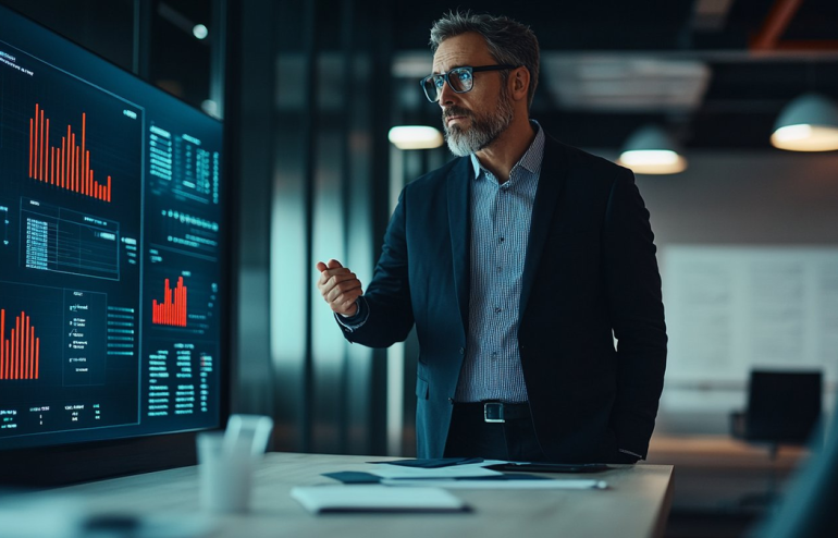 Executive reviewing red-status project dashboard with declining metrics before presenting recovery plan to steering committee