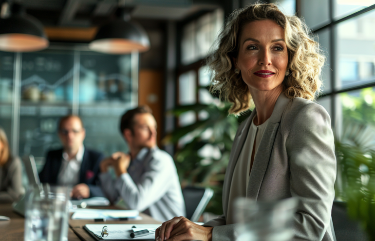 Professional woman in a boardroom setting looking directly at the viewer with confident composure — executive presenter commanding the room"