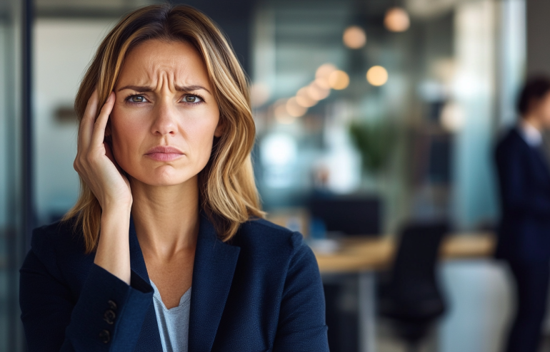 Woman looking anxious before presenting with thought bubble showing worried inner critic