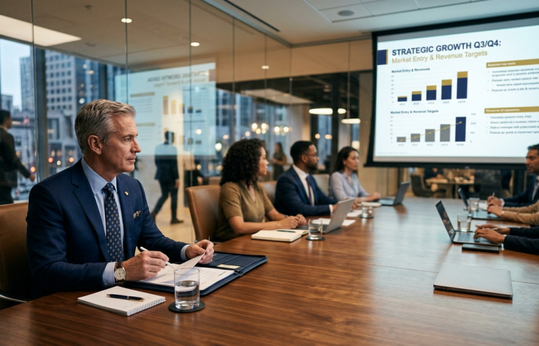 Group of professionals in a boardroom reviewing a strategic growth presentation on a large screen.