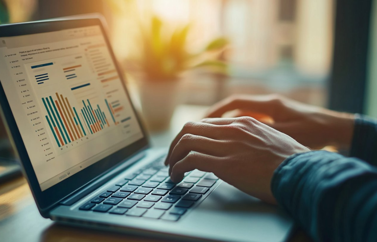 Executive reviewing presentation data and charts on laptop before high-stakes Q&A session with leadership team