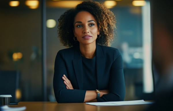 Female executive speaking confidently at a corporate conference with microphone, deliberate and authoritative delivery, editorial photography style