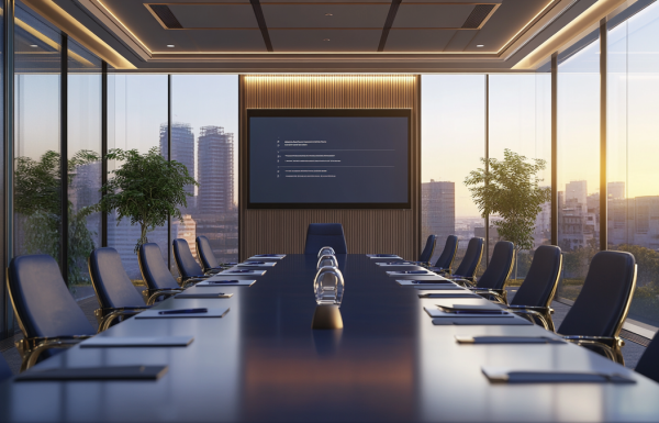New director presenting recommendation-first slide to boardroom of executives