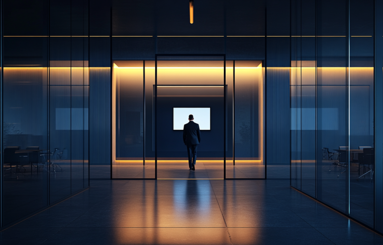 New executive walking into a corporate boardroom for their first board presentation with confident posture