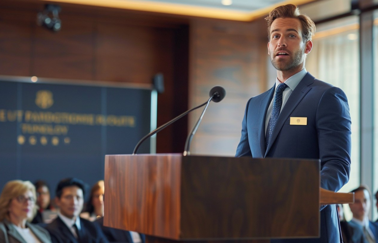 Executive presenting to engaged boardroom audience during first leadership presentation after promotion