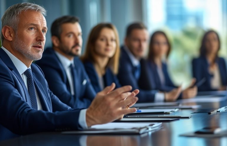 An executive presenting with calm authority at a boardroom table while a committee member leans forward with a pointed question, editorial photography style