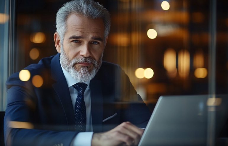A senior executive at a polished boardroom table reviewing a concise follow-up slide deck, with a glass office background and navy blue document folders, editorial photography style
