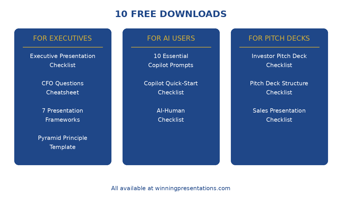 Free presentation templates and checklists - executive, pitch deck, and AI resources