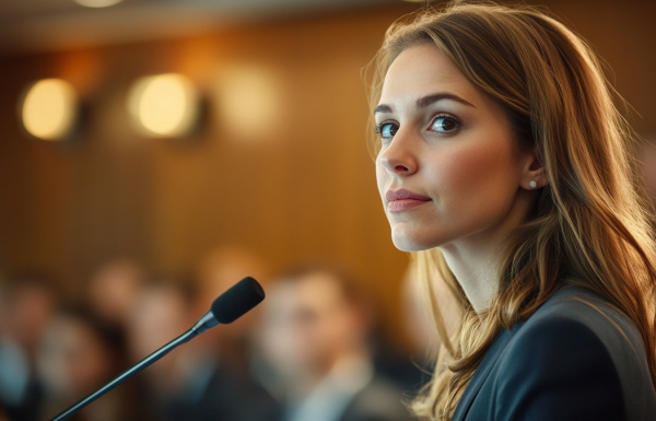 Professional woman pausing composedly at corporate podium after freezing mid presentation