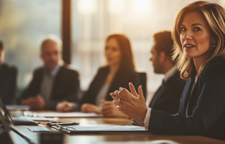 Professional woman in navy blazer presenting confidently in executive boardroom, gesturing while making a point to colleagues