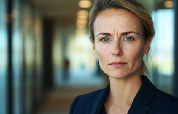 Senior executive woman in navy blazer standing alone in office corridor with visible tension in her expression — glossophobia at the executive level