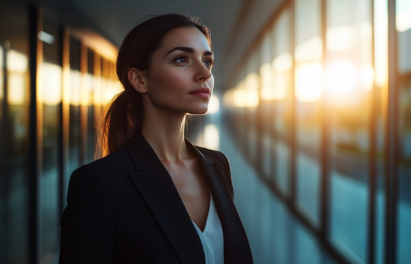 Professional woman in corporate hallway before presentation, contemplative expression showing pre-presentation anxiety